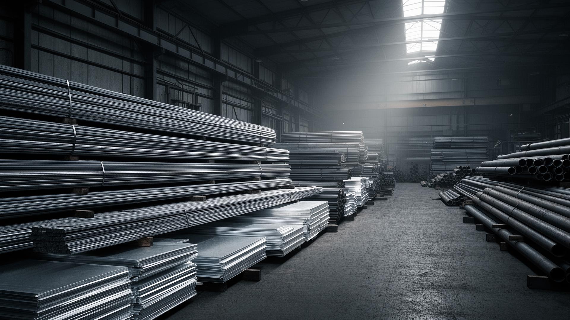 Industrial warehouse with stacked steel bars, aluminum sheets and metal pipes